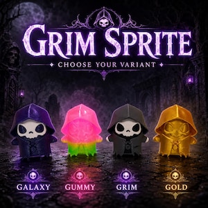 May include: Four Grim Sprite figurines in a row, labelled Galaxy, Gummy, Grim, and Gold. The Galaxy figure is dark purple, the Gummy is a bright pink and green gradient, the Grim is matte black, and the Gold is metallic gold. Each has a hood.