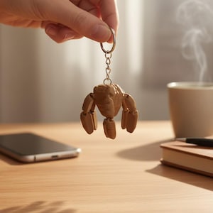 May include: A wooden articulated robot keychain with a silver keyring is held up in front of a wooden table. A smartphone, a notebook, a pen, and a mug of coffee are also on the table.