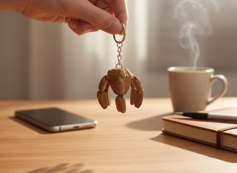May include: A wooden articulated robot keychain with a silver keyring is held up in front of a wooden table. A smartphone, a notebook, a pen, and a mug of coffee are also on the table.