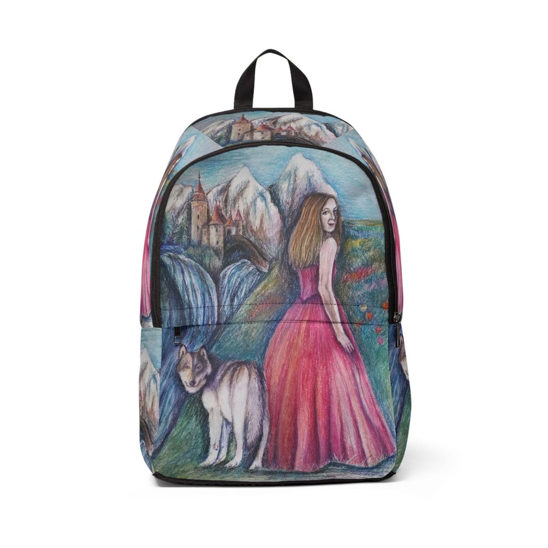 Backpack With Fantasy Castle & Wolf Art, Woman in Red Dress, Enchanted ...