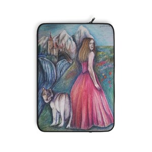 Funda para portátil con estampado de fantasía: mujer, lobo y castillo, paisaje místico