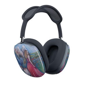 May include: Dark gray over-ear headphones with a landscape painting on the earcups. The artwork depicts a woman in a red dress standing in a field with mountains in the background. The headband is also dark gray.