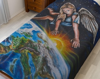 Guardian Angel Over Earth Velveteen Plush Blanket | Celestial Angel Throw