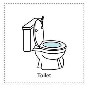 Peut inclure: Dessin au trait d'une toilette blanche avec le couvercle ouvert. La toilette a un réservoir, une cuvette et un siège. Le mot "Toilet" est écrit sous l'image.