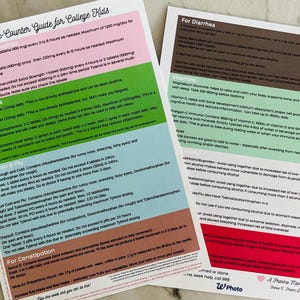 May include: Two printed pages with text titled "Over-the-Counter Guide for College Kids" and "For Diarrhea." The guide lists medications for various ailments, including allergies, cold, flu, and constipation. The pages are on a light-colored surface.