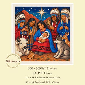 May include: Native Nativity PDF cross-stitch pattern featuring a central figure holding a baby, surrounded by figures in traditional attire, a white buffalo, a wolf, and a rabbit. Text includes Stitchkeepers, 300 x 300 stitches, 43 DMC colors, and 18.8 x 18.8 inches on 16-count Aida.