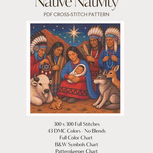 Może przedstawiać: Wzór do haftu krzyżykowego w formacie PDF zatytułowany Native Nativity, przedstawiający rodzinę z dzieckiem, białego bizona, wilka i jelenia pod gwiazdą. Tekst zawiera 300 x 300 pełnych ściegów, 43 kolory DMC, brak mieszanek, pełnokolorowy wykres, wykres symboli czarno-białych oraz wykres Patternkeeper.