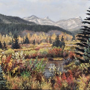 May include: An oil painting of a mountain landscape. The foreground shows colourful foliage in shades of red, yellow, and green, with a small body of water. The mid-ground shows a forest of trees, and the background has snow-capped mountains.