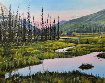 Canadian Rockies Painting, Original Acrylic Landscape Art, 14x18"
