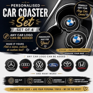 May include: A set of four black circular car coasters featuring various automotive logos including BMW, Mercedes-Benz, Audi, Volkswagen, Ford, Toyota, and Honda. The coasters have a textured surface and are designed to fit into vehicle cup holders.