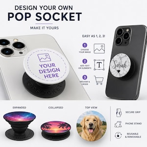 Pode incluir: Imagem de PopSockets personalizáveis. A imagem mostra um PopSocket branco com uma área de design e uma base preta, e um telefone com um PopSocket com padrão de mármore. O texto diz "DESIGN YOUR OWN POP SOCKET" e "MAKE IT YOURS".