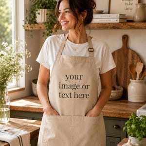 May include: A beige cotton apron featuring two front pockets and the black printed text 'your image or text here' centred on the chest. The apron has an adjustable neck strap with a metal buckle and covers the torso down to the waist.
