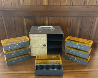 Vintage Mid-Century Modern Metal Cabinet Travel Case with 11 Bell and Howell MICRO FIT Slide Trays and Lids