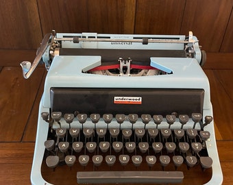Vintage 1957 Blue Underwood Universal Golden Touch Typewriter with New Ribbon - Good Working Condition