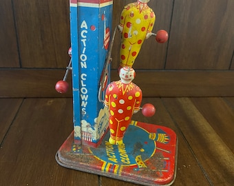Vintage Tin Litho Action Clowns Toy - Mechanical Flipping Clowns