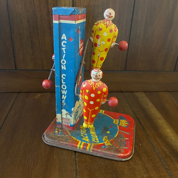 Vintage Tin Litho Action Clowns Toy - Mechanical Flipping Clowns