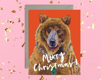 Christmas bear card, Merry Christmas greeting card, Holiday bear, glam greeting card