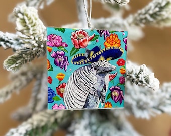 Acrylic armadillo Christmas ornament, Christmas gift, Pretty and fun holidays, acrylic charm, handmade ornament, bright and cheery, fiesta