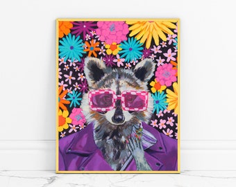 Funky Raccoon Art, Fancy Raccoon Print, groovy art, funky art, Raccoon Painting, Eclectic decor