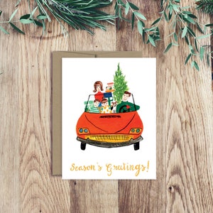 Biglietto di auguri di Natale retrò, albero di Natale di ispirazione vintage, auto per le vacanze retrò, biglietto di auguri di famiglia