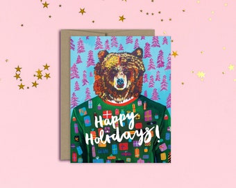 Christmas sweater card, Merry Christmas greeting card, Holiday bear, funny greeting card, holiday bear card