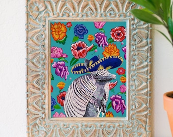 Fiesta armadillo art, Armadillo Art Print, Southwest Art Decor, Texas Art, Mexican floral artwork