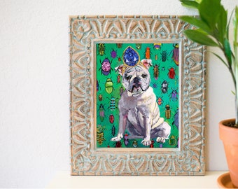 8 x 10 Fancy English bulldog art, Funky bulldog art, beetle art, animal art decor ideas , eclectic art ideas, boho vibes