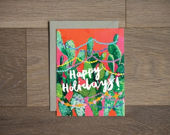 Cactus holiday card - Holiday lights greeting card - Southwest holiday card - Texas Christmas card - Arizona holiday card