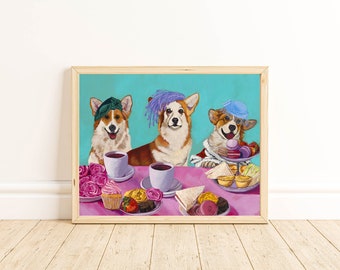 May include: Three corgis wearing hats are sitting at a table with teacups, pastries, and sandwiches. The table is covered in a pink tablecloth and the background is a turquoise blue.