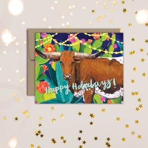 Cartes de Noël Longhorn, Noël du Texas, cartes de vacances du Sud-Ouest, Salutations de vacances Cactus, Salutations du Texas, Cadeaux Longhorn