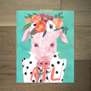 Pig in flower crown, Pig art print, Pig painting, Funny pig painting, Flower art image 2