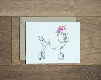 Poodle with flower crown blank card