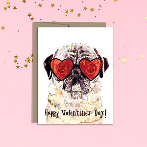 Tarjeta del día de San Valentín pug- gafas de sol del corazón - tarjeta divertida del pug- tarjeta del día de San Valentín - amor - amor pug
