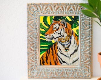 8 x 10 jungle tiger art, tiger art print, tiger art, tiger wall art,  , jungle cat, tropical art