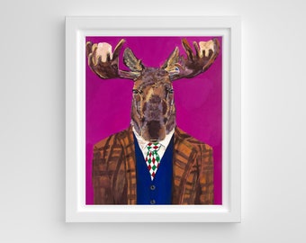 Moose art print, Moose in a suit, Moose wearing clothes, Handsome moose art, Whimsical moose art