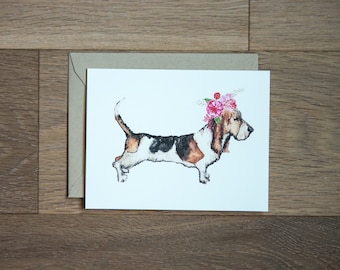 Basset Hound card with flower crown, blank card for writing notes dog card flowers dog lover