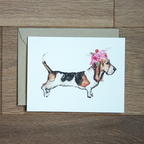 Basset Hound card with flower crown, blank card for writing notes dog card flowers dog lover