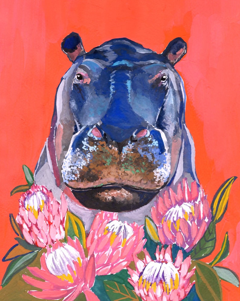 8 X 10 Hippo Art Print Hippo Art Decor Beautiful Hippo Etsy