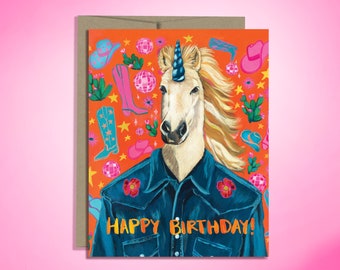 Funky Desert Unicorn Birthday Card, Disco Unicorn, Cowboy Birthday card