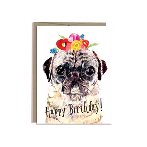 Cartão de pug de aniversário, cartão de pug, cartão de pug engraçado, arte fofa de pug, flores, cartão pintado à mão, letras à mão