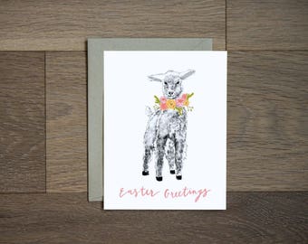 Lamb Easter card - greeting card - flowers - spring - easter gift - spring stationery - lamb art