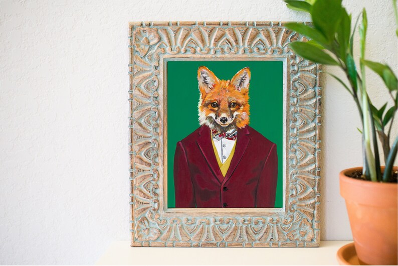 Dapper fox art print, handsome fox art, 8 x 10, fox artwork, Eclectic Wall Art, Dapper Fashion Art, Animal wearing clothes, masculine image 2