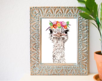 Ostrich art print, Ostrich painting, funny ostrich painting, animal in flower crown, flower crown art