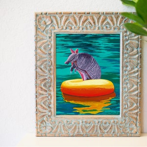 Armadillo art print, funky river art, river armadillo, Texas armadillo, airbnb home decor, eclectic home decor, river tubing