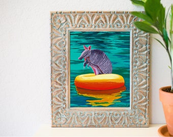 Armadillo art print, funky river art, river armadillo, Texas armadillo, airbnb home decor, eclectic home decor, river tubing