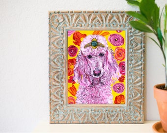 8 x 10 Fancy pink poodle art, Funky poodle art, beetle jewel crown, animal art decor ideas , eclectic art ideas, floral art