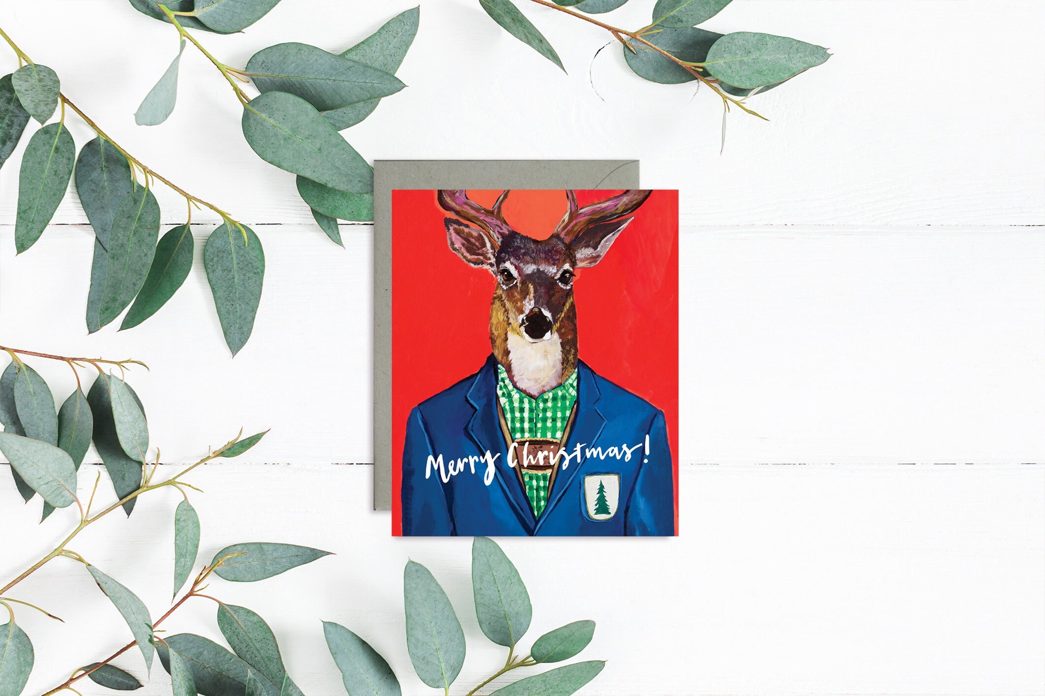 Winter Buck Christmas Card-Woodland Animal Christmas Card-Deer in a coat