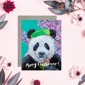 Christmas Panda card, Merry Christmas greeting card, Holiday panda, Parisian panda, holiday panda card, panda eating macarons