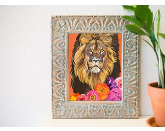 Beautiful lion art print, lion wall decor, colorful lion art, acrylic lion painting,  home decor, eclectic home decor, floral art decor