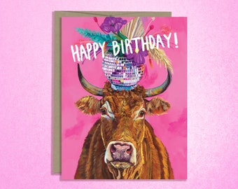 Disco Ball Birthday Card, Disco bull, disco ball flowers, pink aesthetic